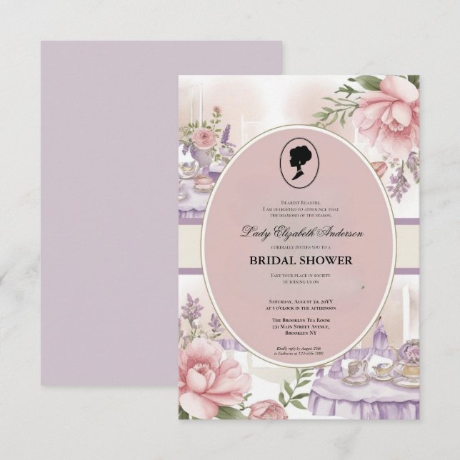 Budgetera Lila Blommigtar Bridgerton Möhippa Inbjudningar (Fram/baksida)