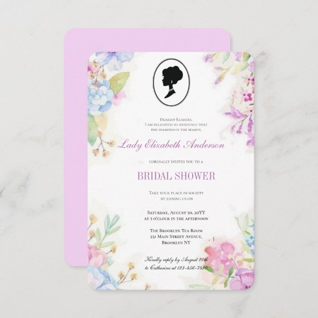 Budgetera lila WildblommBridgerton Möhippa Inbjudningar (Fram/baksida)