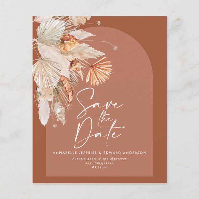 budgetera modern bohemisk terracotta-bröllopsinbju flygblad (Framsidan)