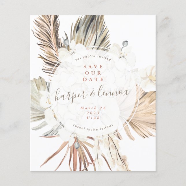 Budgetera Pampas Boho Beach Round spara till datum Flygblad (Framsidan)