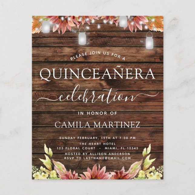 Budgetera Quinceanera Rustic Wood Autumn-solblommo Flygblad (Framsidan)