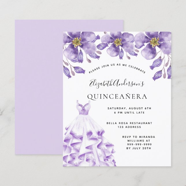Budgetera Quinceanera violet white dress blommigt (Fram/baksida)