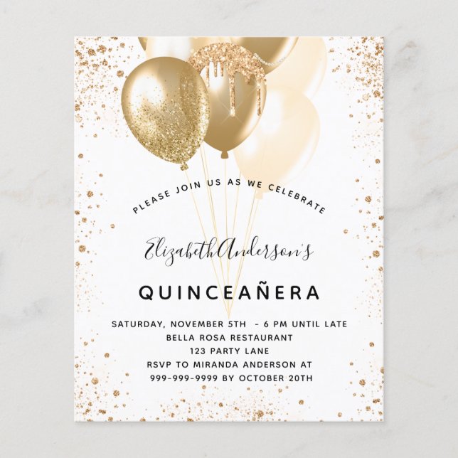 Budgetera Quinceanera vita guld glitter-ballonger (Framsida)