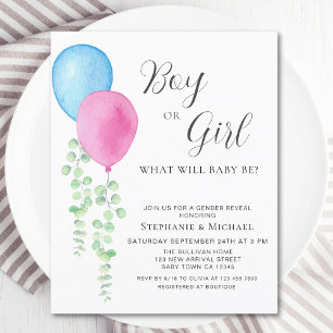 Budgetera Rosa Blue Balloals Gender Visa Inbjudan