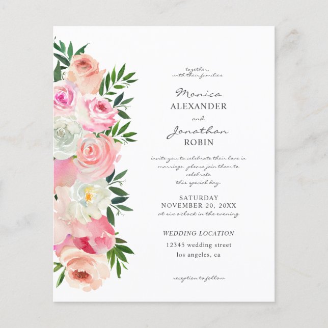 Budgetera  Rosa och vit Blommigt Bröllop Flyer (Framsidan)