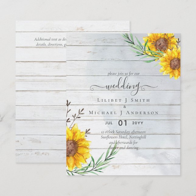 Budgetera solblommor Rustic Woodland Garden Weddin (Fram/baksida)