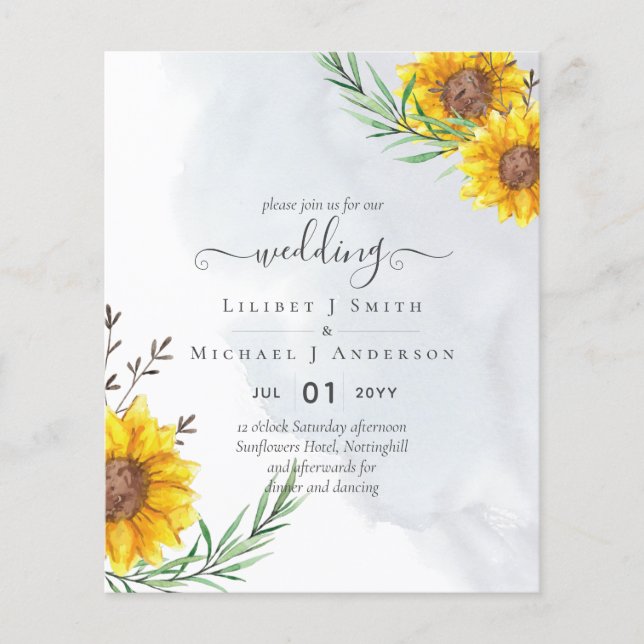 Budgetera solblommor Rustic Woodland Garden Weddin Flygblad (Framsidan)