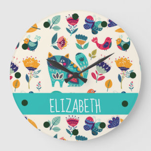 Budgetera Söt Girly Cats Folk Art Stil ADD NAMN Stor Klocka