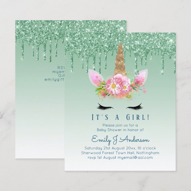 Budgetera Unicorn Baby Shower Grönt Girls Cute (Fram/baksida)