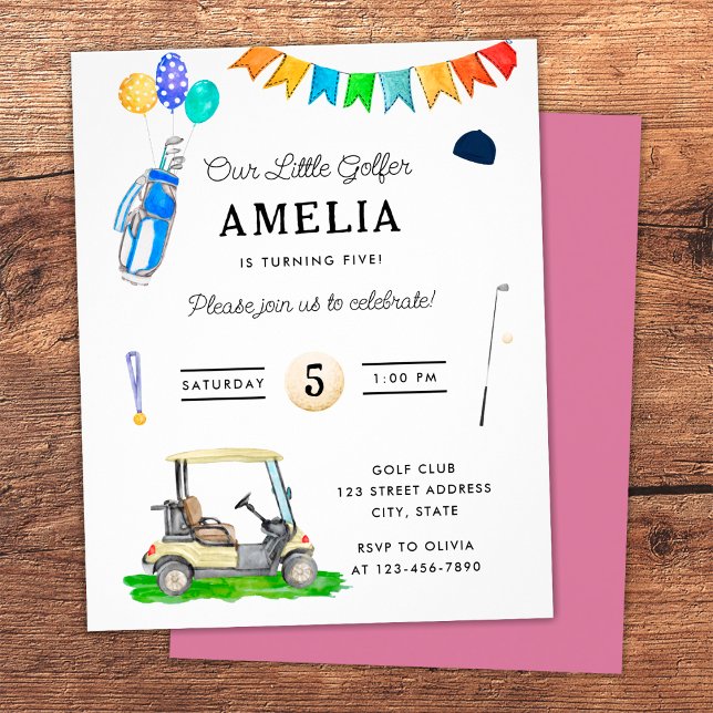 Budgetera vår lilla Golfer Rosa Kids Golf Birthday Flygblad (Front and Back)