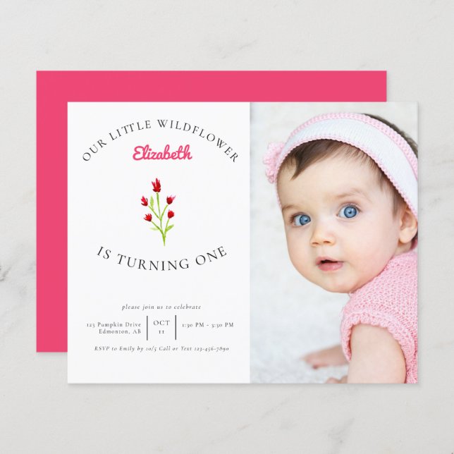 Budgetera vårt lilla Wildblomma 1:a födelsedagsfot (Fram/baksida)