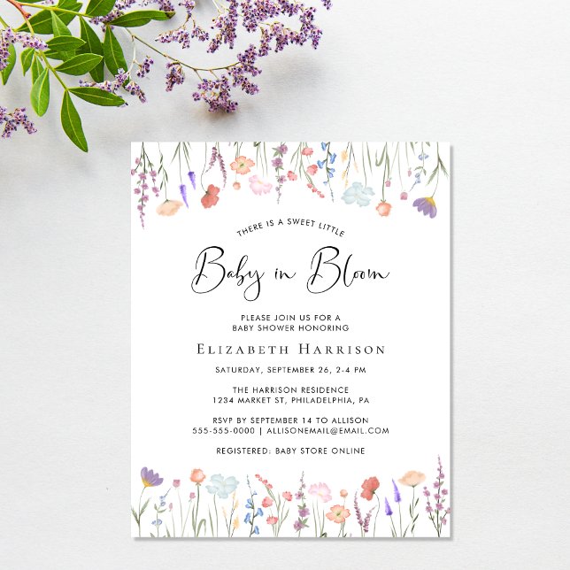 Budgetera Wildblomma Baby i bloomvisning - inbjuda (A sweet affordable wildflower baby shower invitation to celebrate the upcoming arrival of your baby)