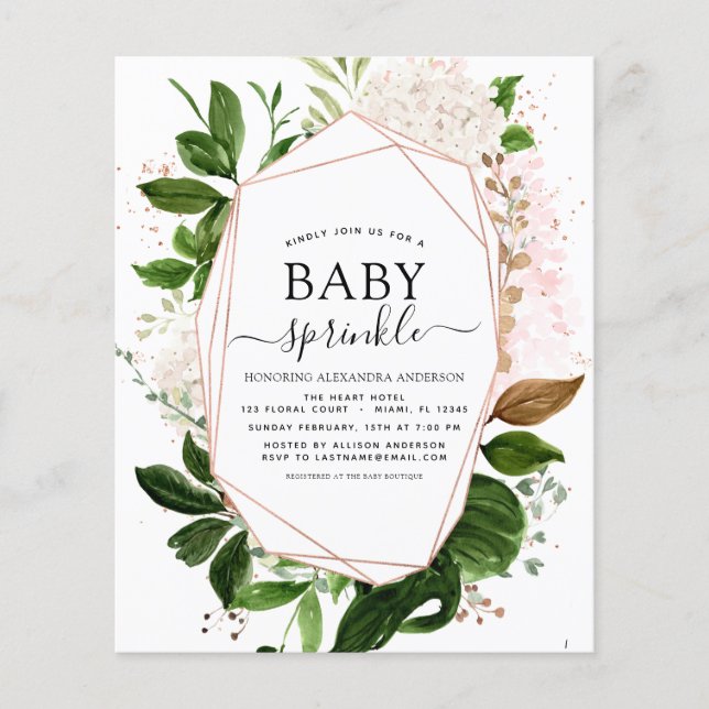Budgeterad Baby Sprinkle Shower Greenery Geometric Flygblad (Framsidan)