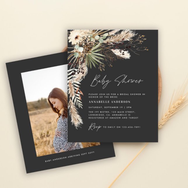 Budgeterad babyduschpampas modern svart fotoboho flygblad (Skapare uppladdad)