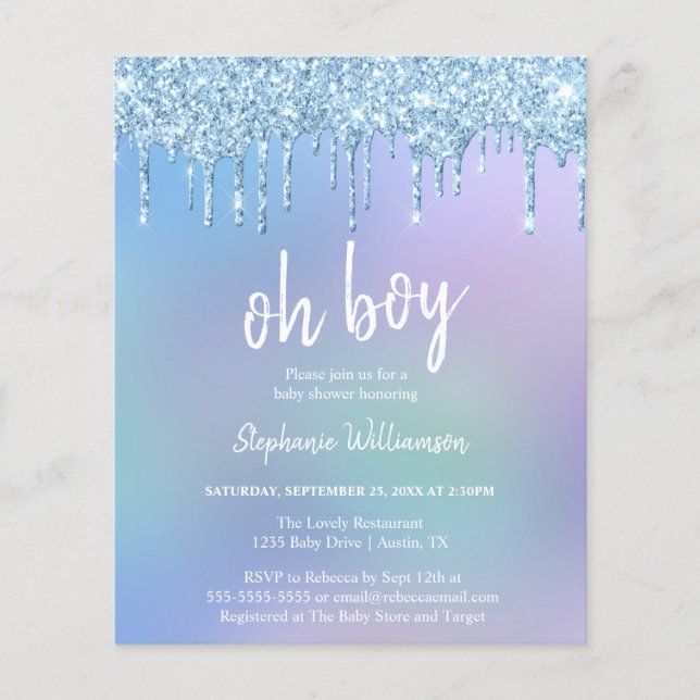 Budgeterad blådroppare Glitter Boy Baby Shower (Framsida)