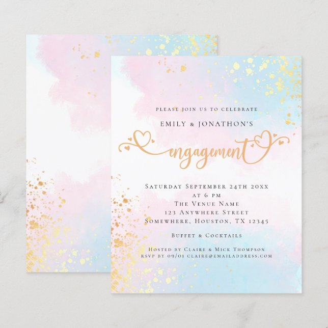 Budgeterad blått Rosa vattenfärgshjärta Förlovning (Fram/baksida)