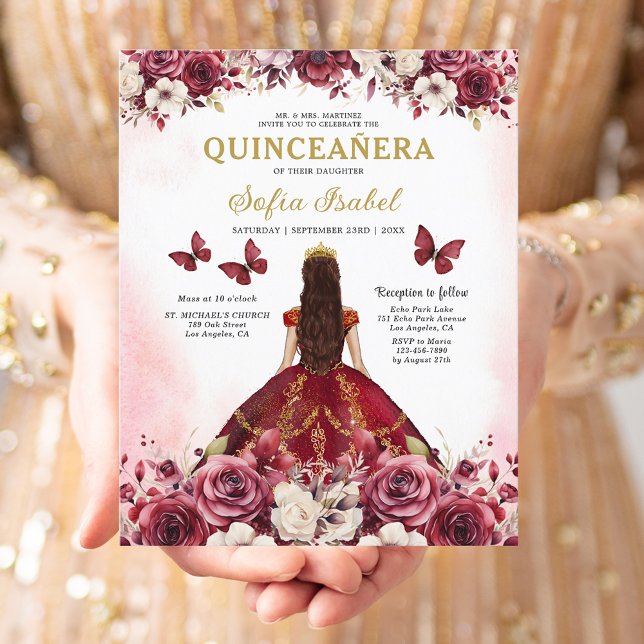 Budgeterad Blommigt Burgundy Princess Quinceanera (Skapare uppladdad)