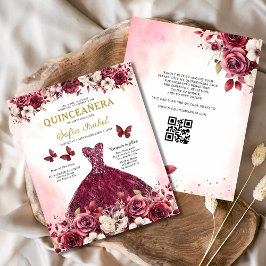 Budgeterad Blommigt Burgundy QR-kod Quinceanera Flygblad