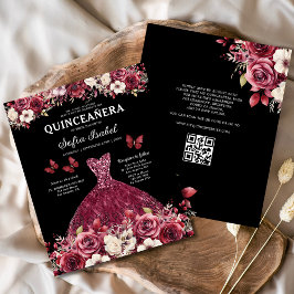 Budgeterad Blommigt Burgundy QR-kod Quinceanera Flygblad