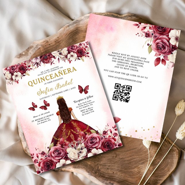 Budgeterad Blommigt Burgundy QR-kod Quinceanera Flygblad (Skapare uppladdad)