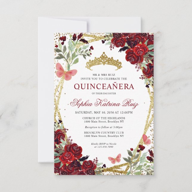 Budgeterad Blommigt Burgundy Red Guld Tiara Quince Anteckningskort (Framsida)