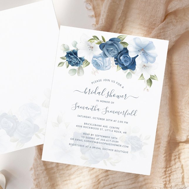 Budgeterad Blommigt Dusty Blue Inbjudningskort för (Elegant Floral Dusty Blue Watercolor Script Bridal Shower Invitation)