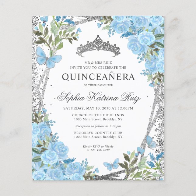 Budgeterad Blommigt Dusty Blue Silver Quinceañera  (Framsida)