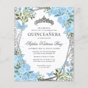 Budgeterad Blommigt Dusty Blue Silver Quinceañera