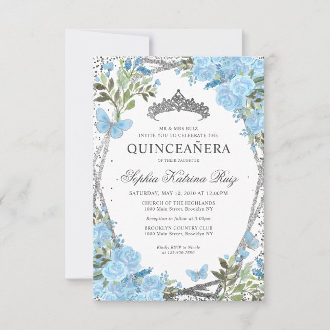 Budgeterad Blommigt Dusty Blue Silver Tiara Quince Anteckningskort (Framsida)