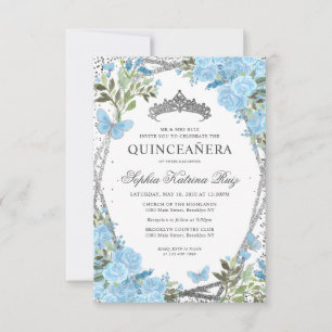 Budgeterad Blommigt Dusty Blue Silver Tiara Quince Anteckningskort