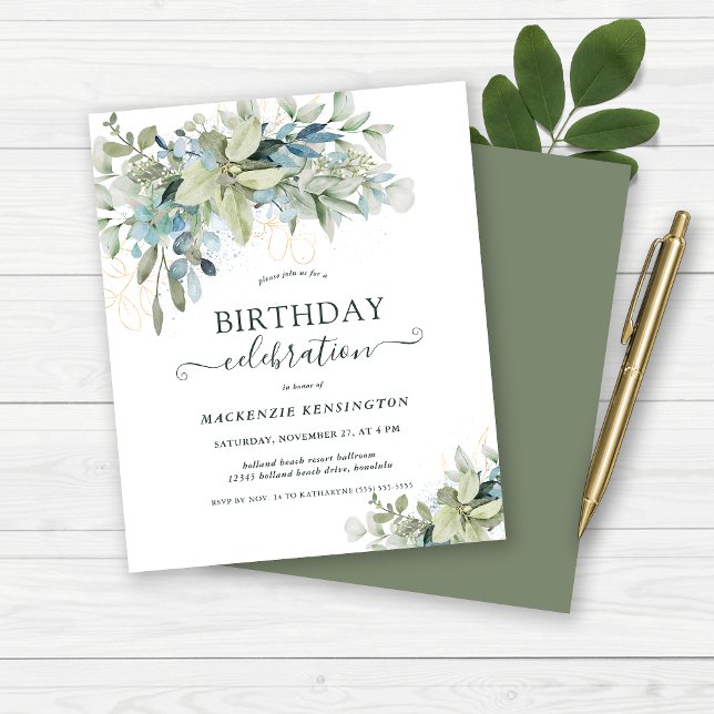 Budgeterad Blommigt Eucalyptus Födelsedagsfirande (Budget Floral Eucalyptus Birthday Celebration Invitation)