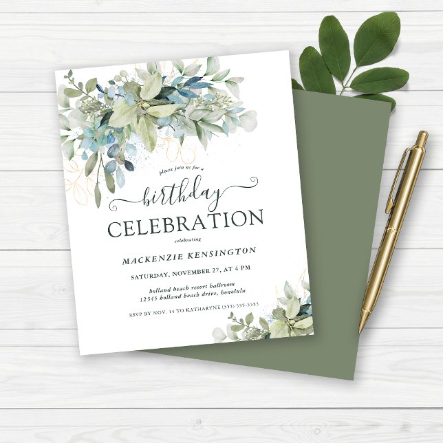 Budgeterad Blommigt Eucalyptus Födelsedagsfirande (Budget Floral Eucalyptus Birthday Celebration Invitation)