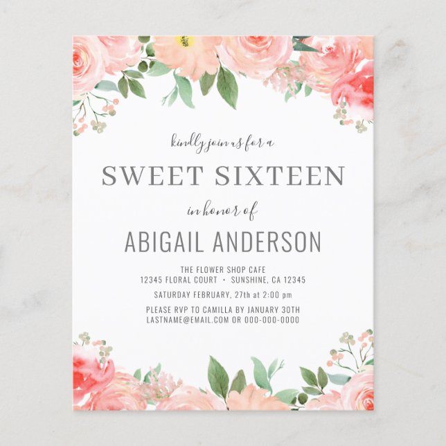 Budgeterad Blommigt Girly Sweet 16 Birthday-inbjud Flygblad (Framsidan)
