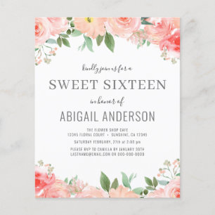 Budgeterad Blommigt Girly Sweet 16 Birthday-inbjud Flygblad