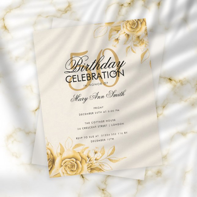 Budgeterad Blommigt Glam Birthday Elegant Guld Cre Inbjudningar (Skapare uppladdad)