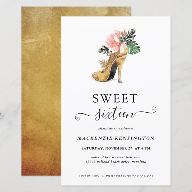 Budgeterad Blommigt Guld Heels Sweet 16 Birthday (Fram/baksida)