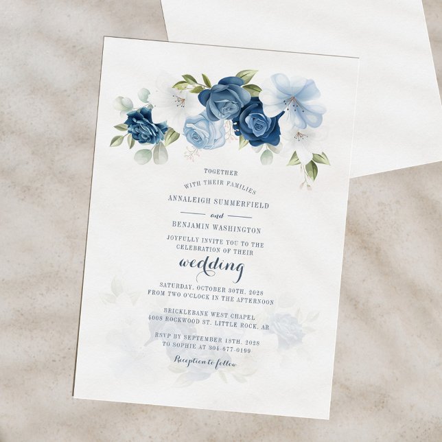 Budgeterad Blommigt - inbjudan till botaniskt damm (Elegant Floral Dusty Blue Bloom Script Wedding Invitation)