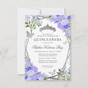 Budgeterad Blommigt Lila Glam Silver Tiara Quincea Anteckningskort