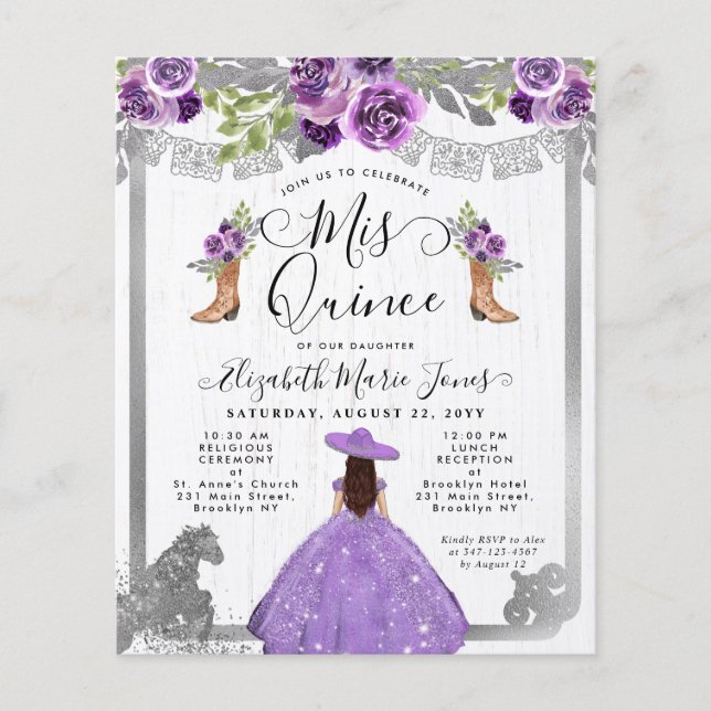 Budgeterad Blommigt Lila Silver Charra Quinceanera (Framsida)