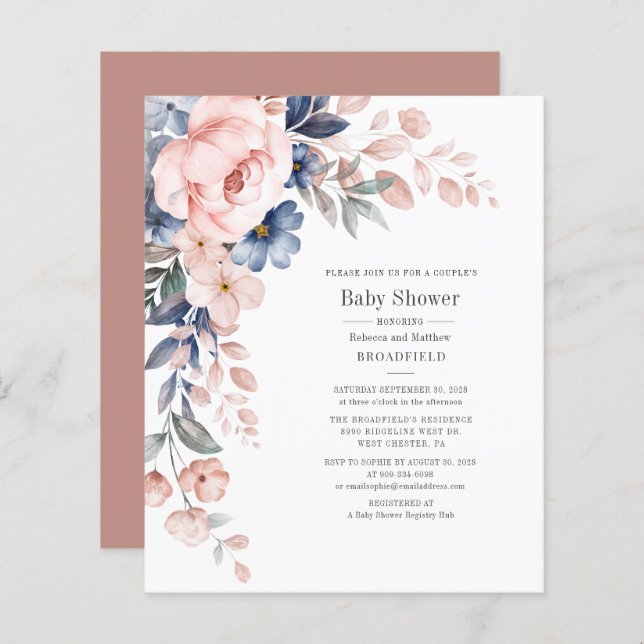 Budgeterad Blommigt Par Baby Shower Rosa-inbjudan  (Fram/baksida)