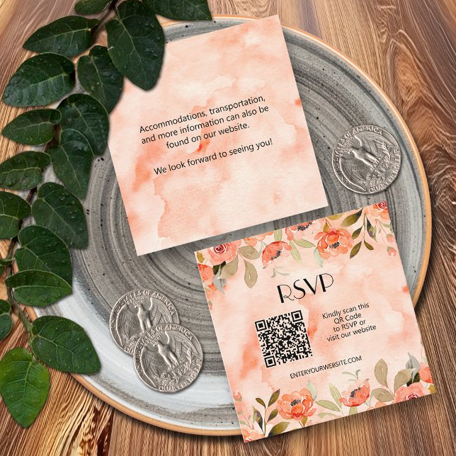 Budgeterad Blommigt QR-kod OSA Bröllop Tilläggskort (Orange floral QR code wedding RSVP enclosure cards)