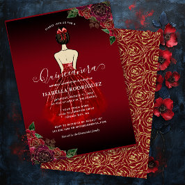 Budgeterad Blommigt Red Guld Birthday Quinceañera Anteckningskort
