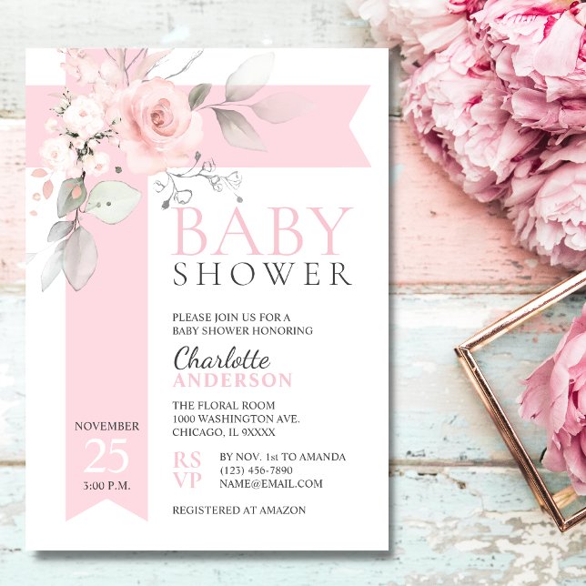 Budgeterad Blommigt Ro  Rosa Girl Girl Girl BABY S Inbjudningar (Skapare uppladdad)