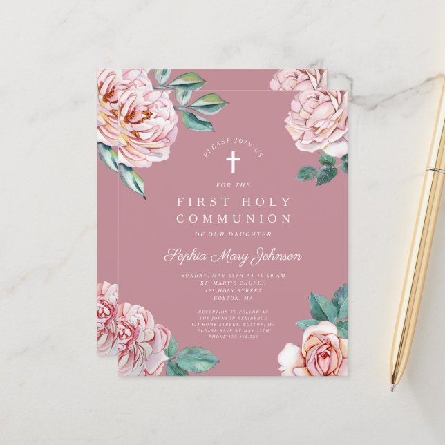 Budgeterad Blommigt Rosa Peonies Girl First Commun (Fram/Back In Situ)
