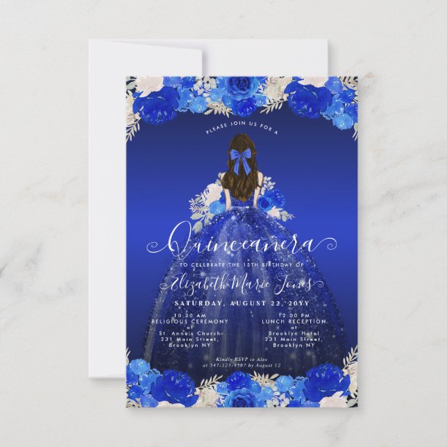 Budgeterad Blommigt Royal Blue Princess Glam Quinc Anteckningskort (Framsida)