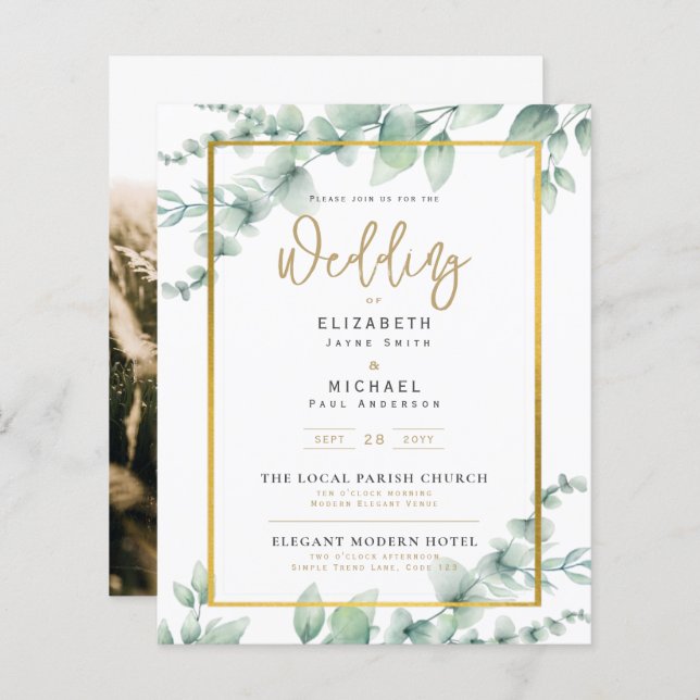 Budgeterad botanisk eukalyptus Wedding INVITE (Fram/baksida)