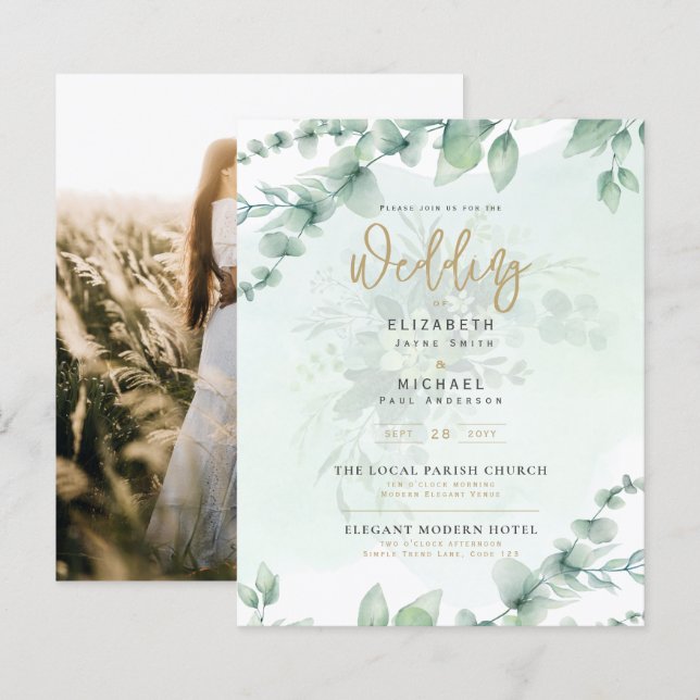 Budgeterad botanisk eukalyptus Wedding INVITE (Fram/baksida)