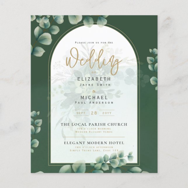 Budgeterad botanisk eukalyptus Wedding INVITE (Framsida)