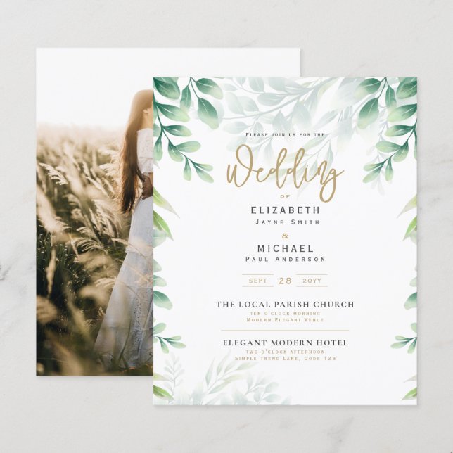 Budgeterad botanisk eukalyptus Wedding INVITE (Fram/baksida)