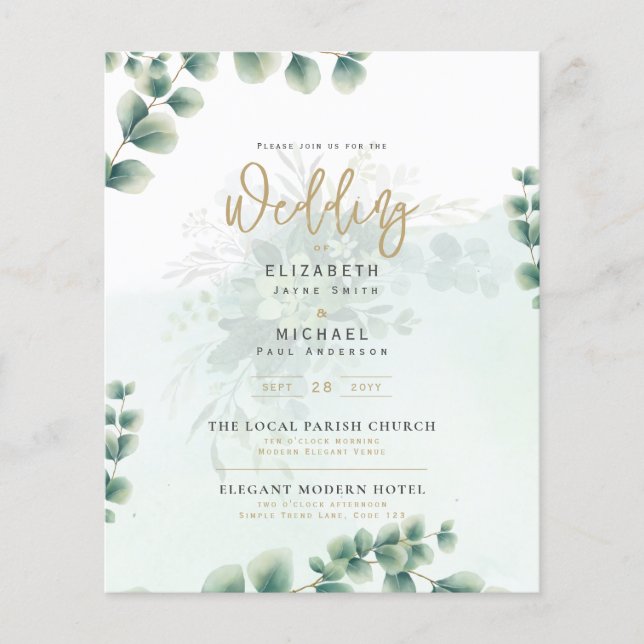 Budgeterad botanisk eukalyptus Wedding INVITE (Framsida)